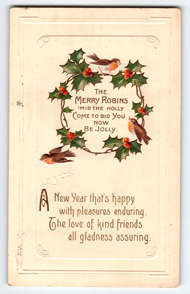Vintage Embossed Christmas Postcard with Merry Robins and Holly, 1910