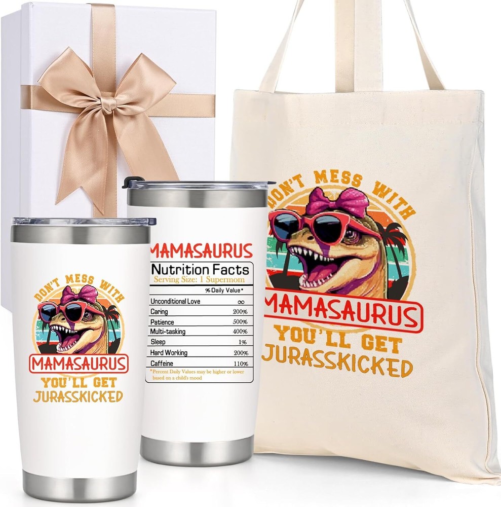 White Tumbler Cup 20 oz, Funny Mamasaurus Tumbler Birthday Gift for Women Mom