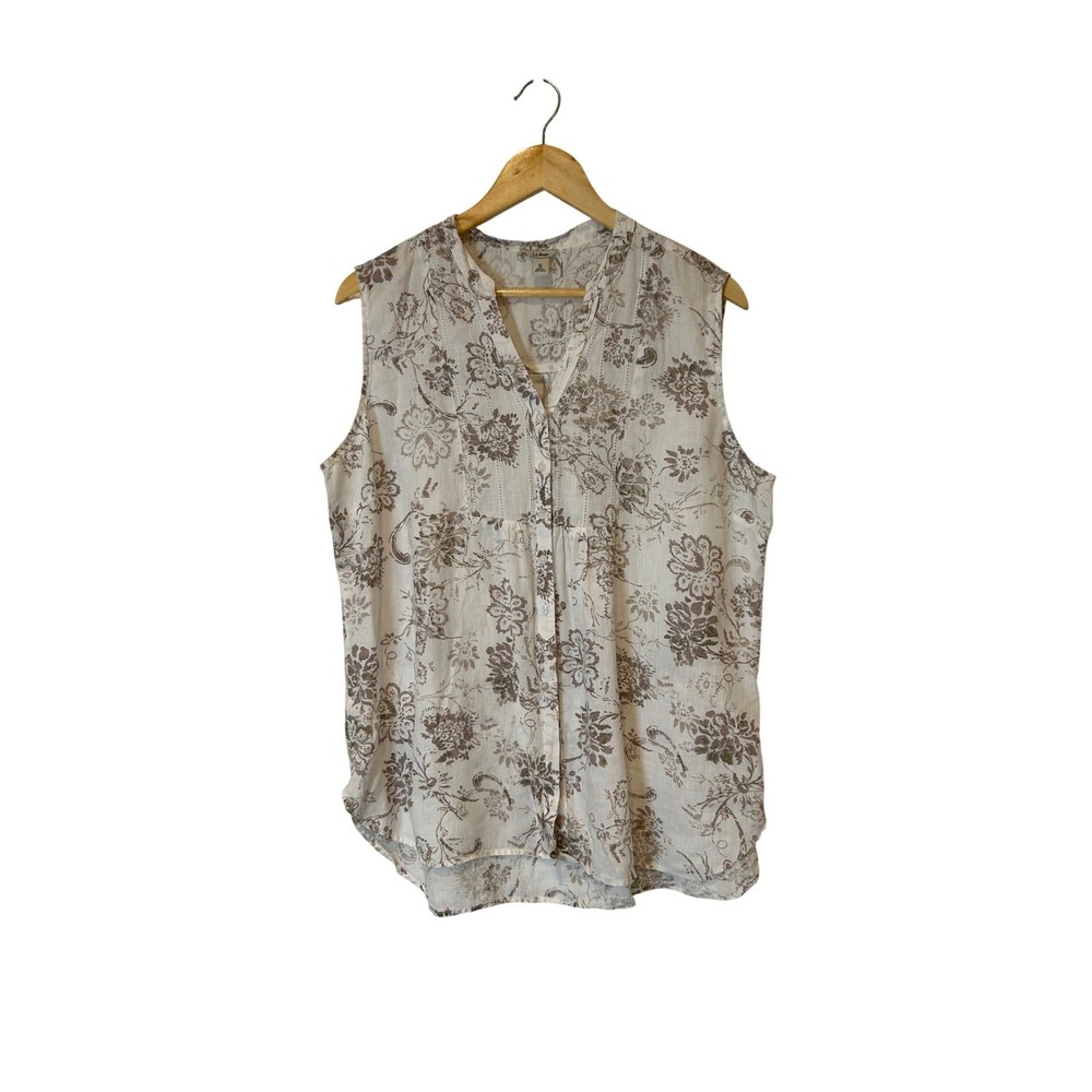 LL Bean Sleeveless Linen Top Women XL White Floral Henley Pintuck V-Neck Blouse