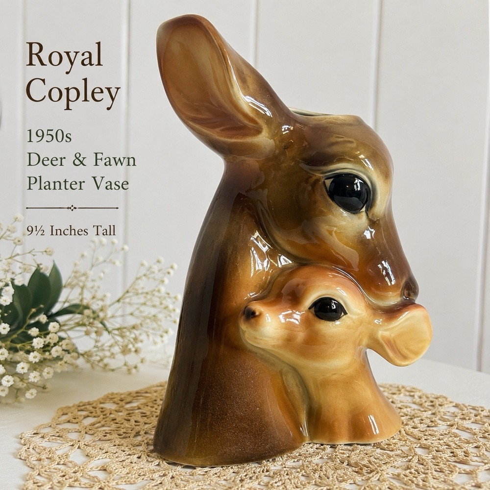 Vintage Beautiful Royal Copley Deer Planter Vase Doe & Fawn 1950s  9 1/4