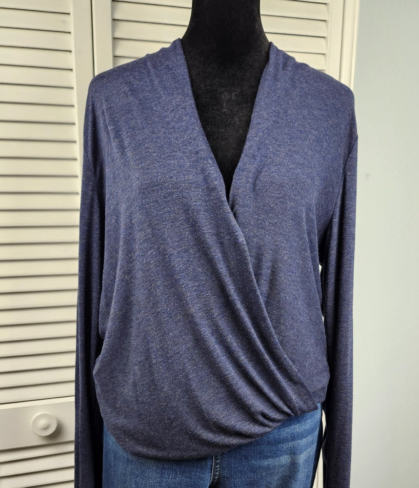 Max Studio Faux Wrap Top L Ruched Long Sleeve NWT $68 Dark Blue