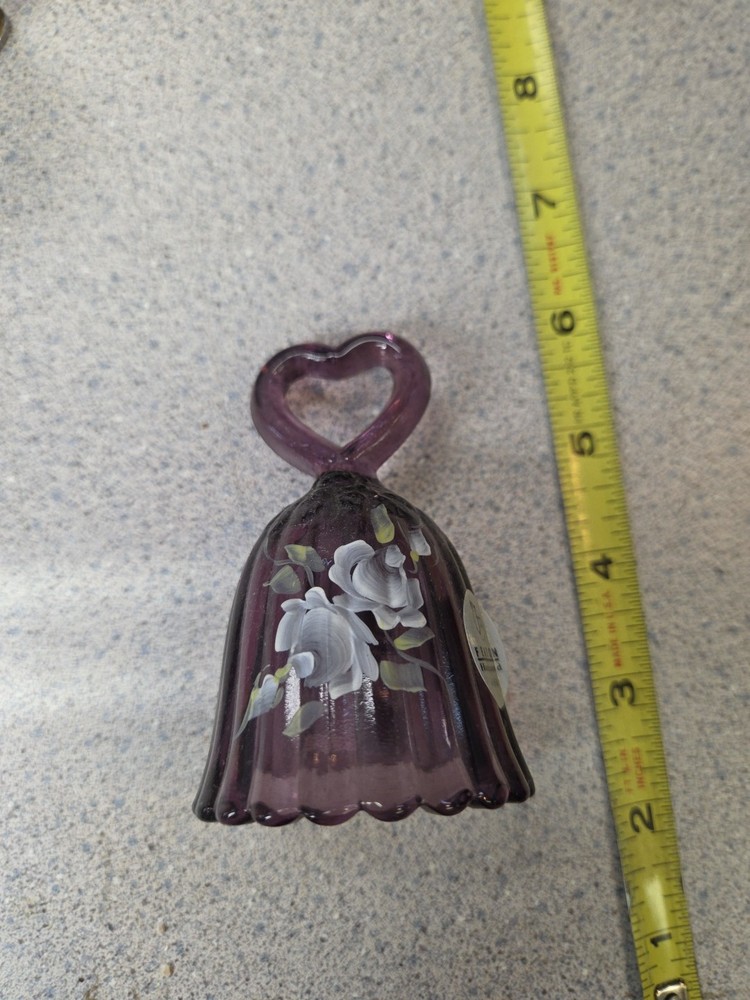 VTG Fenton Glass Lilac Ribbed Hand Painted Floral Heart Handle Bell - Signed