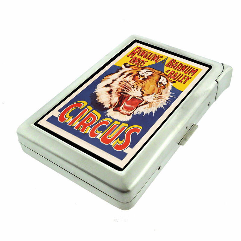 Circus Tiger Em1 100's Size Cigarette Case with Built in Lighter Metal Wallet
