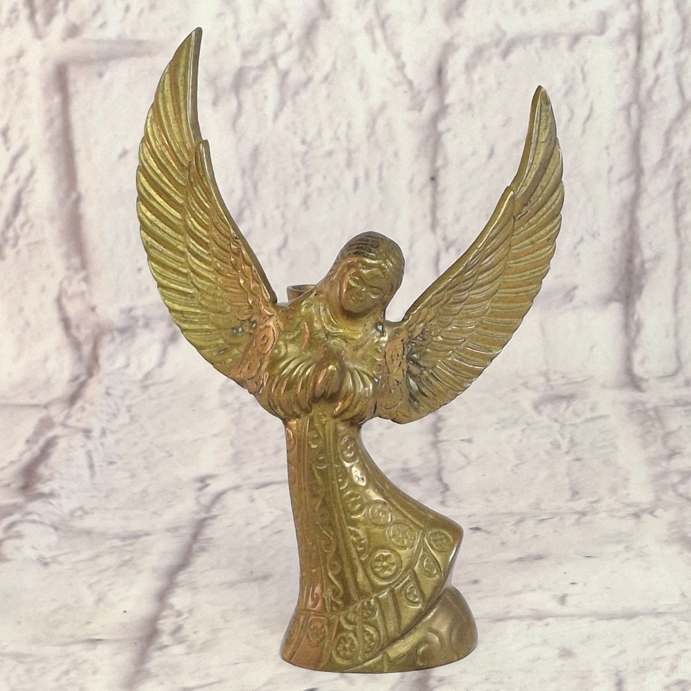 Vintage Solid Brass Angel Candle Holder Holiday Figurine 6in Tall Made In India
