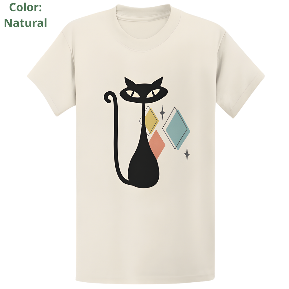 Gildan 5000 Mid Century Atomic Cat T-Shirt - Retro Vintage Cat Lover Gift Tee