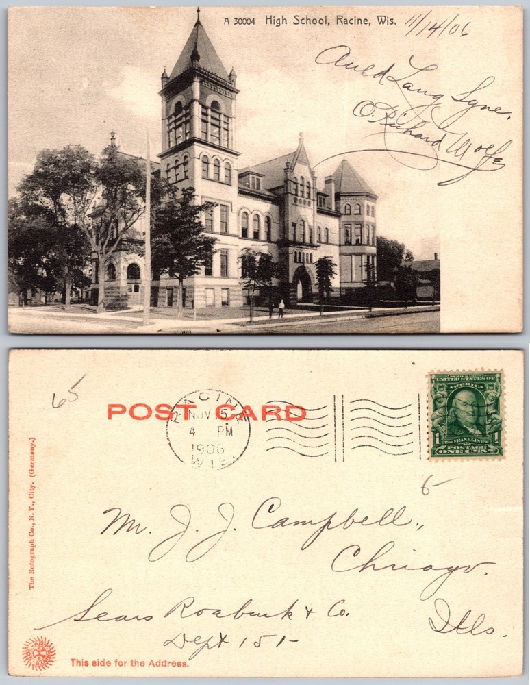 High School Racine Wisconsin Postcard