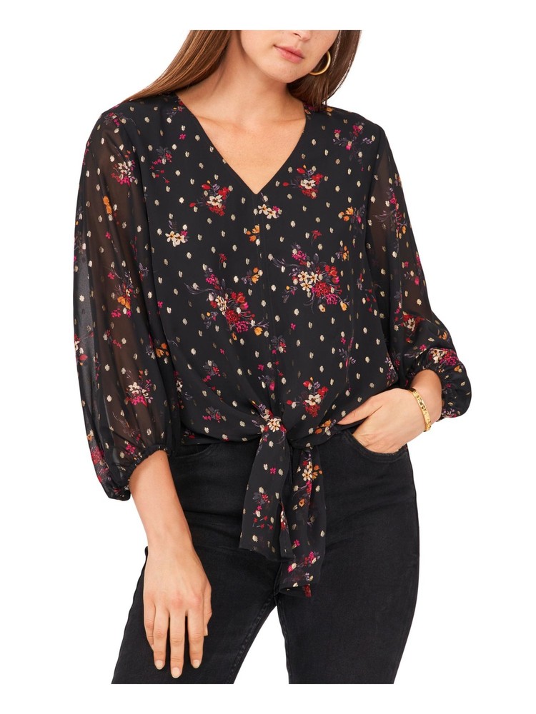 VINCE CAMUTO Womens Black Sheer Smocked Lined Tie Long Sleeve Split Blouse XS