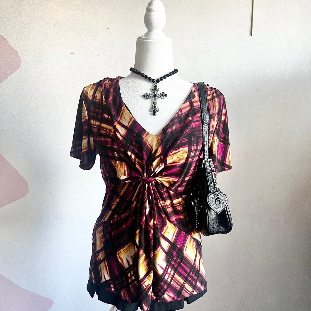 Y2K Front Twist BabyDoll Top, Grunge, Boho, Retro 90s, Witchy, Large