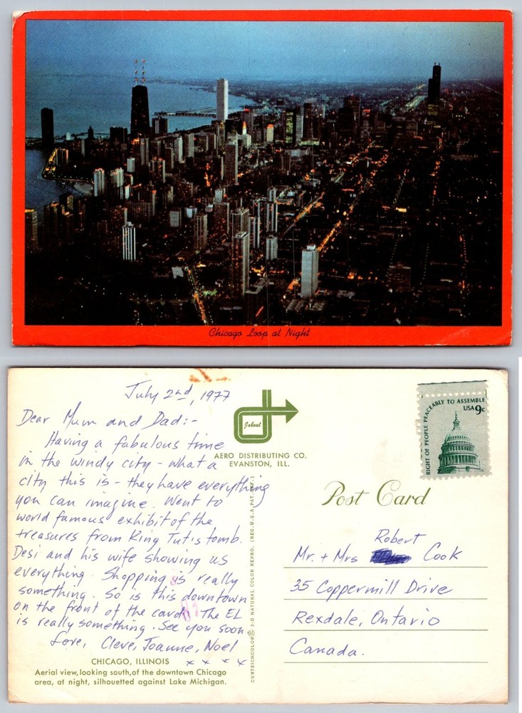 Vintage Chicago Loop Night Aerial View Postcard 1977 Skyline Lake Michigan
