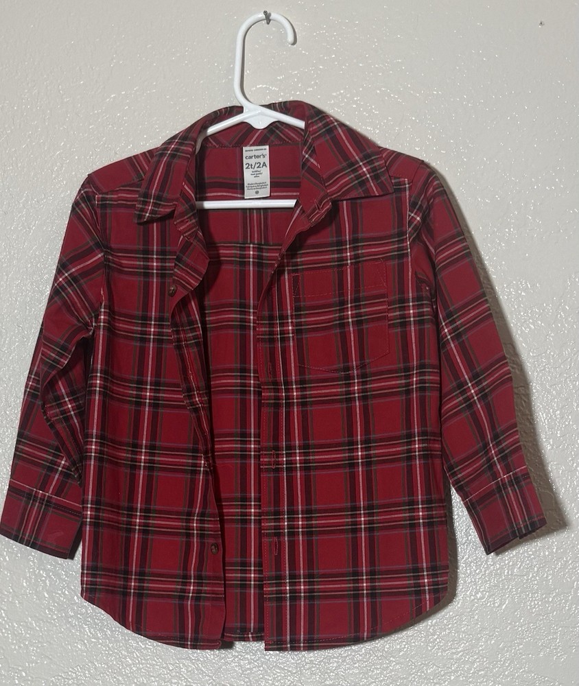 Carter's Boys Red Black White Plaid Collared Button-Up Shirt 2T Long Sleeve