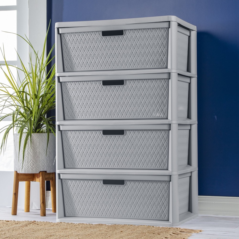 Adult Plastic Wide 4 Drawer Cross-Weave Tower Cement Storage Bins Baskets