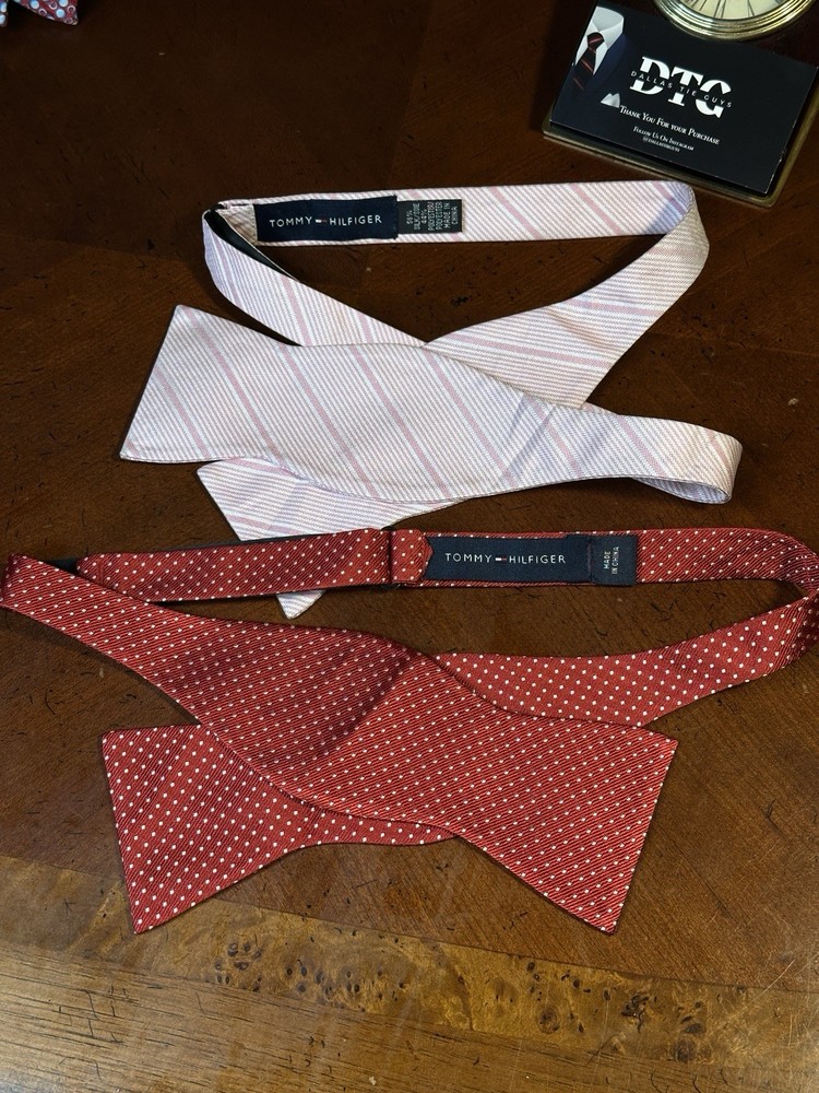 Two Tommy Hilfiger Bow Ties Pink Striped Silk Blend & Red Polka Dot All Silk