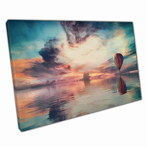 Print on Canvas Rainbow Hot Air Balloon Over Sea Ready to Hang Wall Art Print