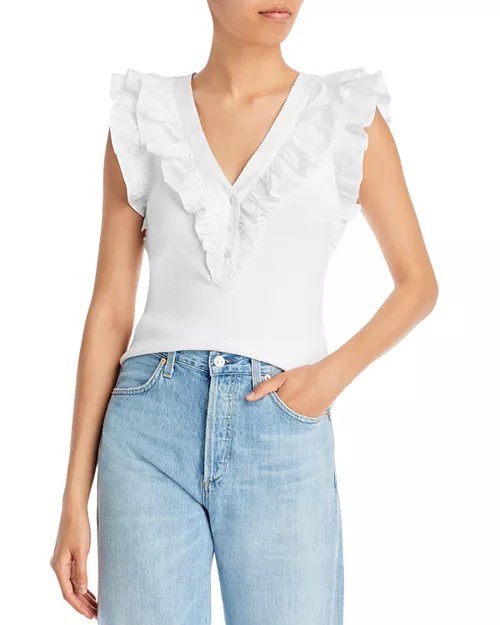 Veronica Beard Adrianna Ruffled Ribbed Top White Size Medium Pima Cotton