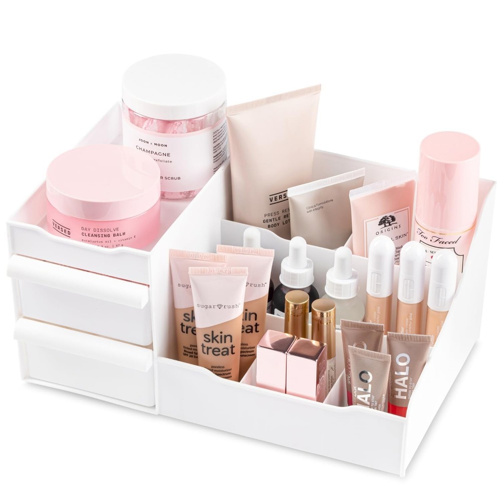 Mantello Makeup Organizer for Vanity - White Cosmetics Organizer with Multipl...