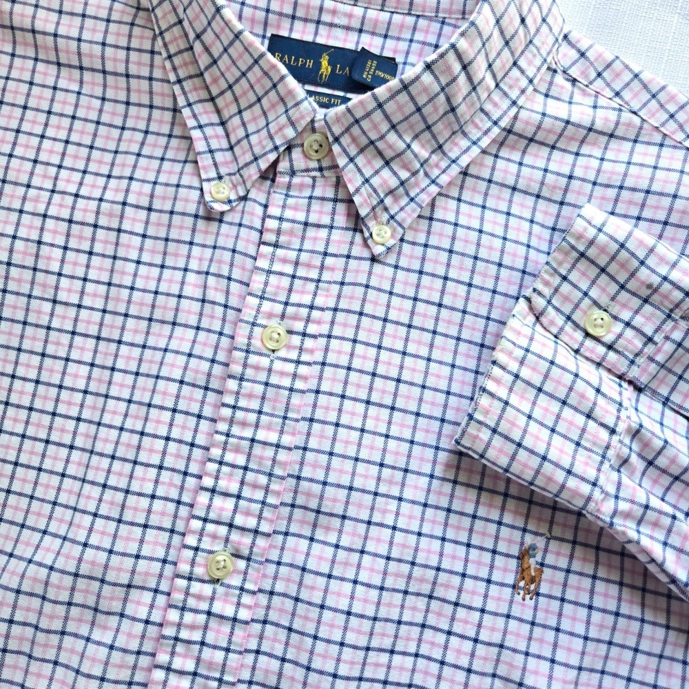 Ralph Lauren Mens XXL Classic Fit Button Down Shirt Pink Navy Blue Plaid Cotton