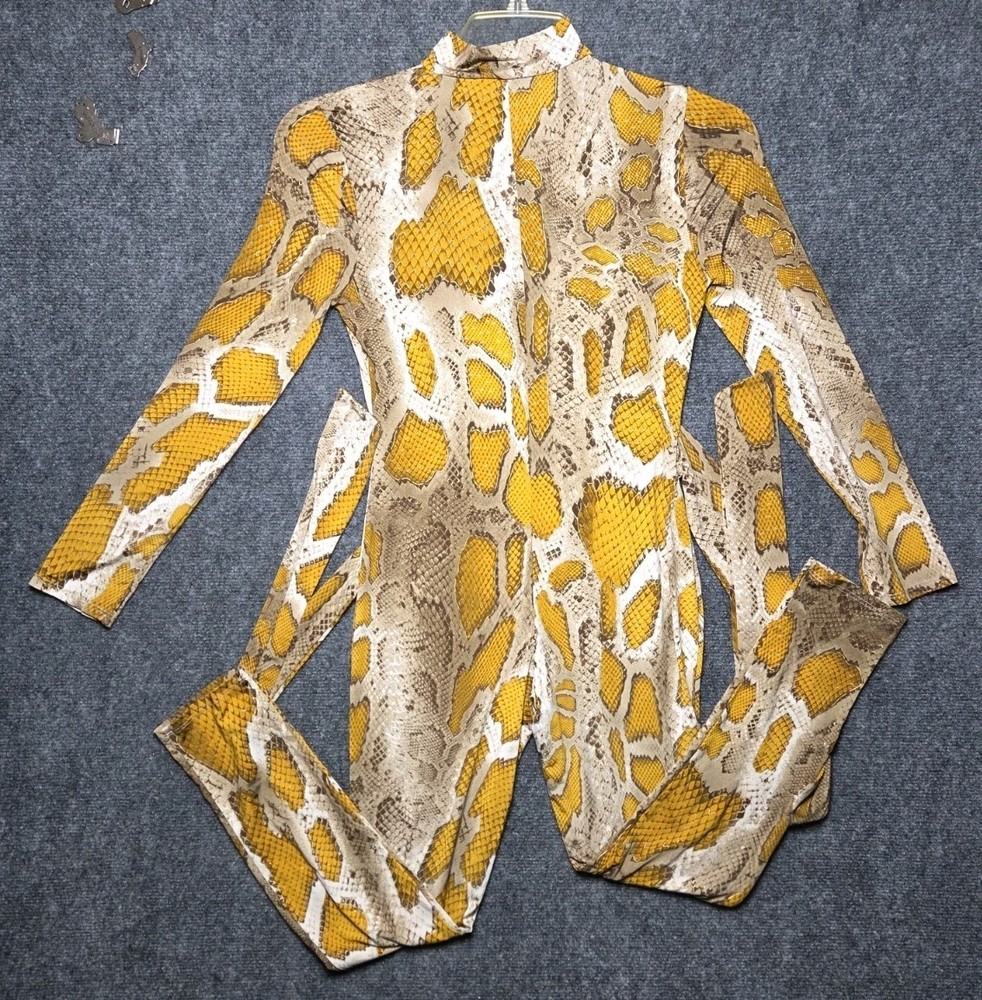 Monaco Women's Full Body Skin Tight Snake Skin Print Jumpsuit Gold Accents