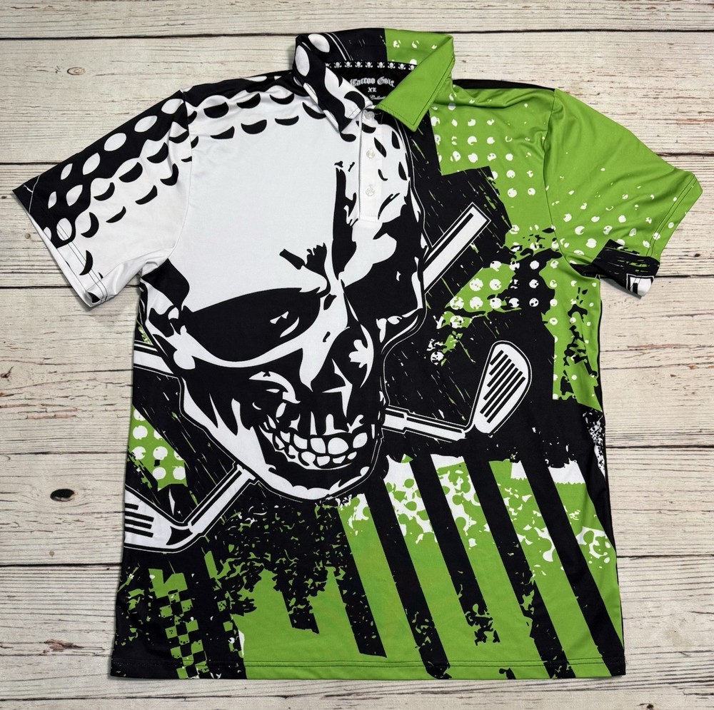 Tattoo Golf Polo Shirt Green Blade Collection Skull Cross Club Men’s Sz XL