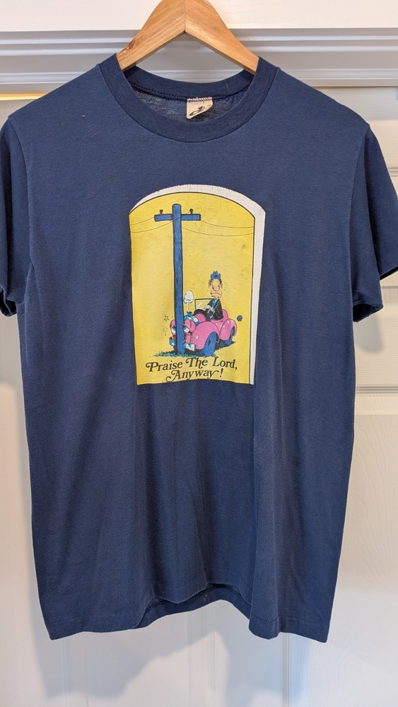 Vtg Christian T Shirt Single Stitch Size L Funny Graphic Jesus 1980s USA Blue