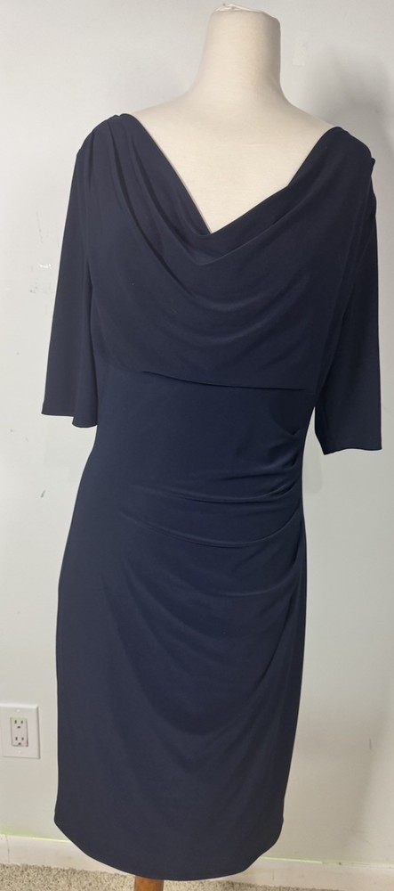 Lauren Ralph Lauren Navy Cowl Neck Ruched 3/4 Sleeve Cocktail Midi Dress Sz 10
