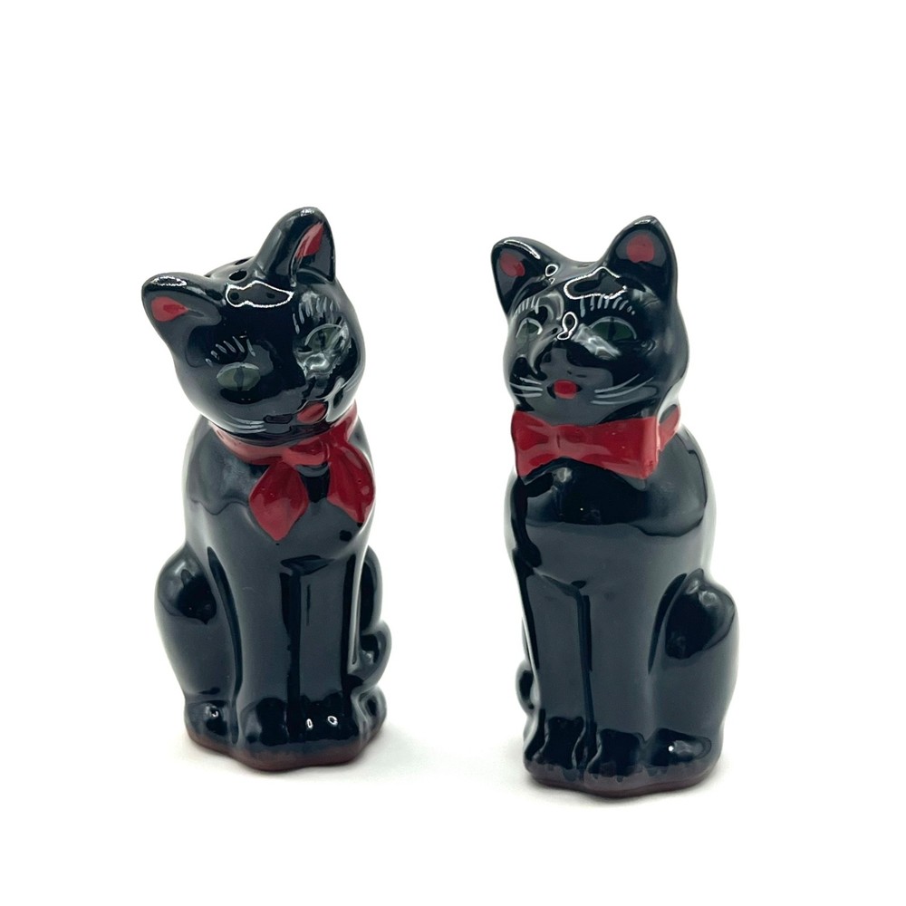 Vintage Shafford Black Cat Salt Pepper Shakers Set Redware Green Eyes Japan MCM