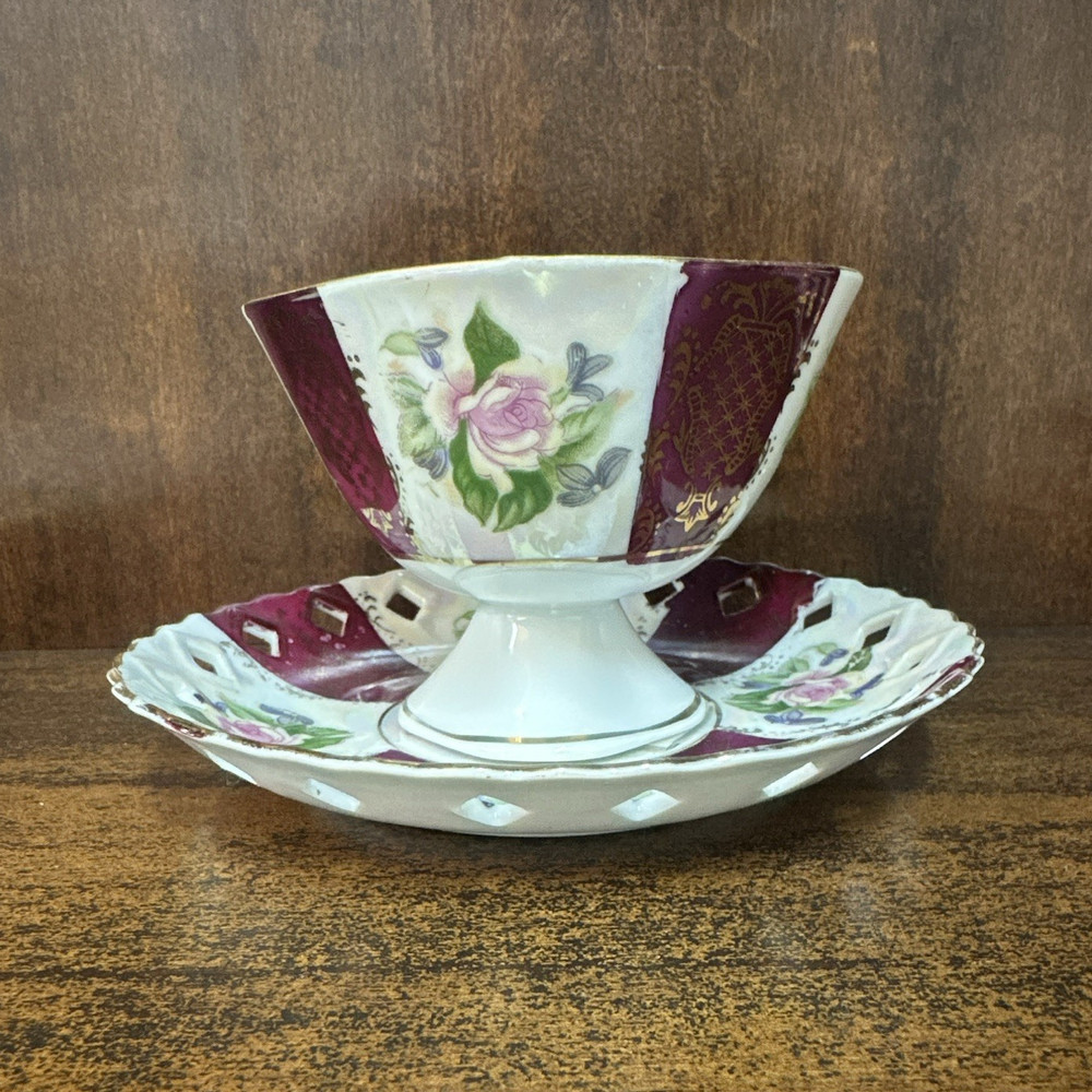 Tea Cup & Saucer Set Made in Japan Porcelain White Burgundy Gold Floral