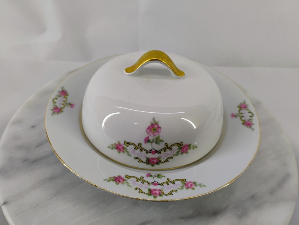 Vintage 1920s Eamag Bavaria China 3 Piece Covered Cheese Dish Pink Floral W Gold