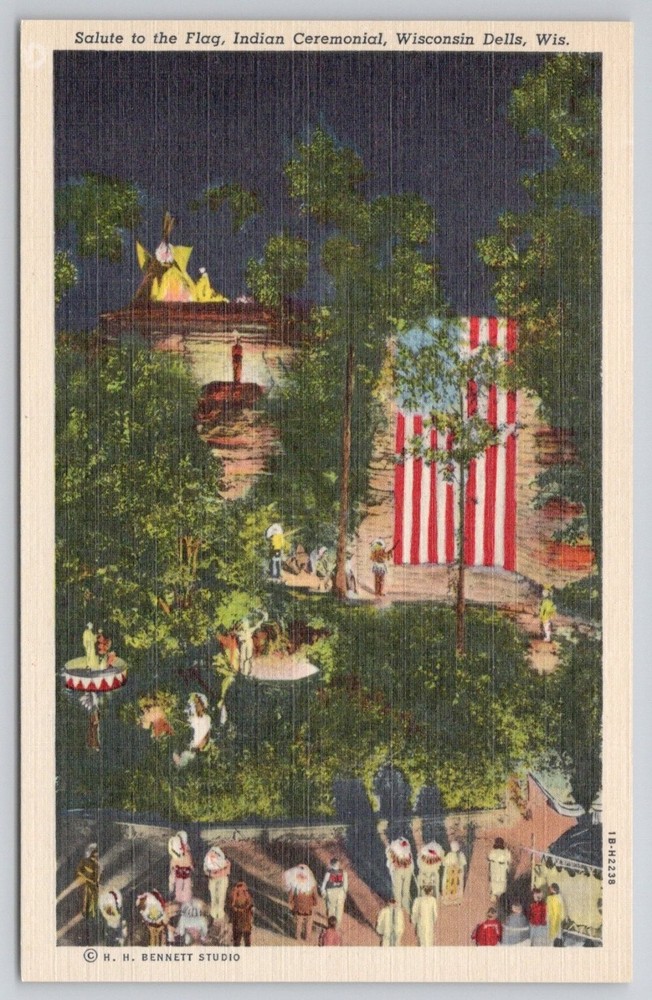Salute to Flag Stand Rock Indian Ceremonial Wisconsin Dells Postcard 1940s
