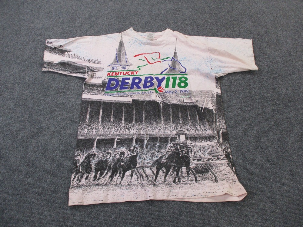 Vintage Kentucky Derby 118 T Shirt Mens L Graphic Tee Horse Racing 1992 90s AOP