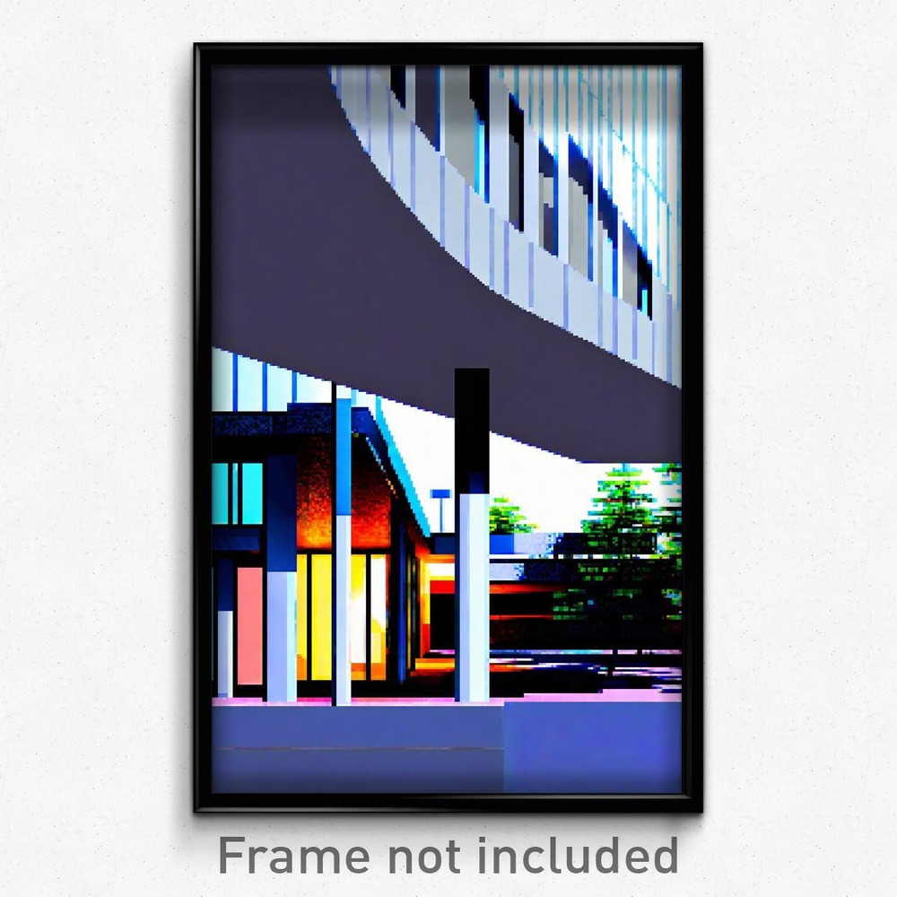 Pixel Art Poster Featuring Modern Architecture in 8-Bit Video Game Style