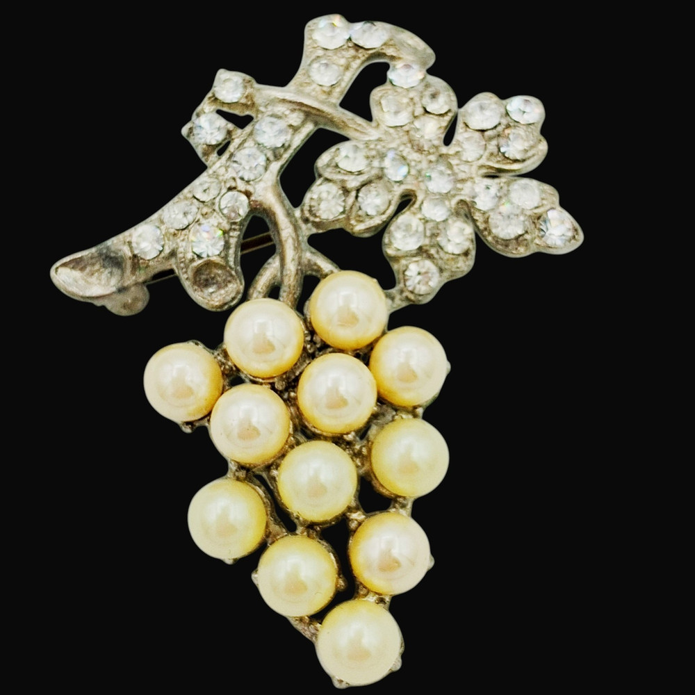 Vtg Faux Pearl Grape Cluster Pin Silver Tone Rhinestone Brooch 1.75