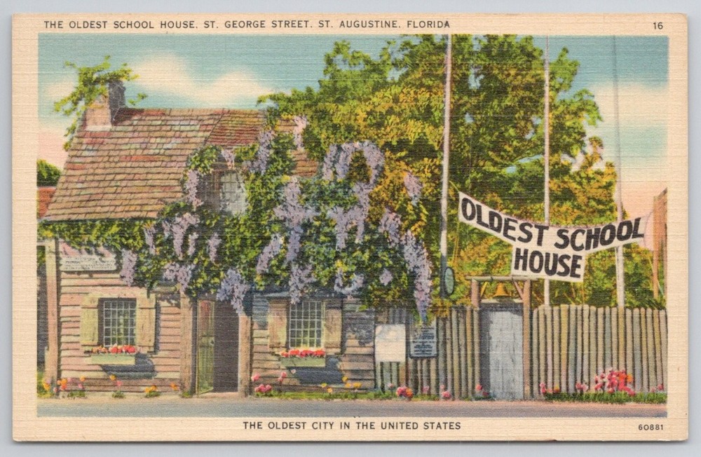 Oldest School House St. Augustine Florida Postcard Tichnor Linen Vintage