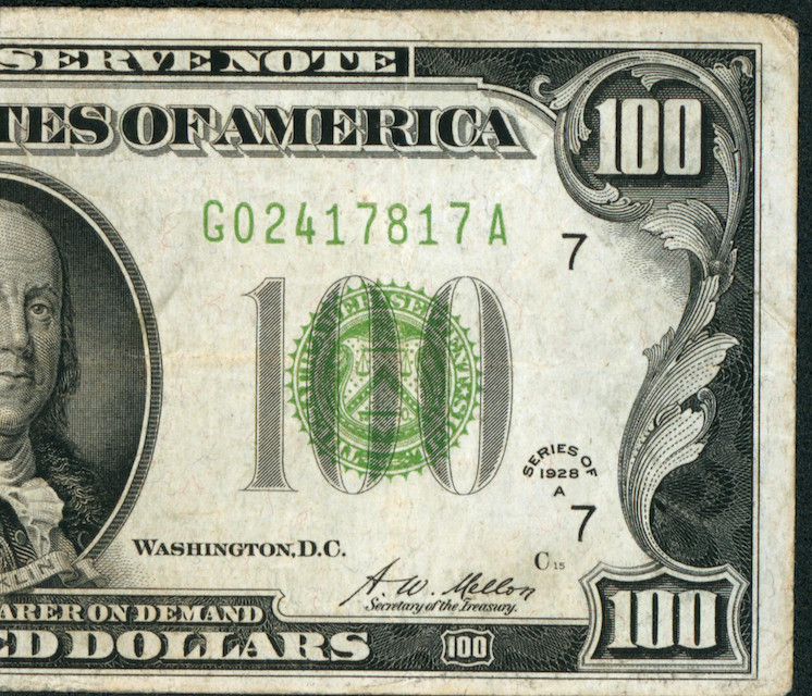 $100 1928 (RARE - LIGHT GREEN SEAL) Federal Reserve Note **CURRENCY AUCTIONS