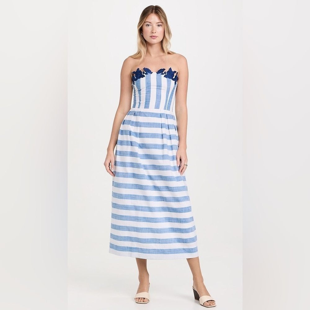 Fanm Mon NWT Lorr Blue Striped Dress Size M Embroidered Boho Classic Event