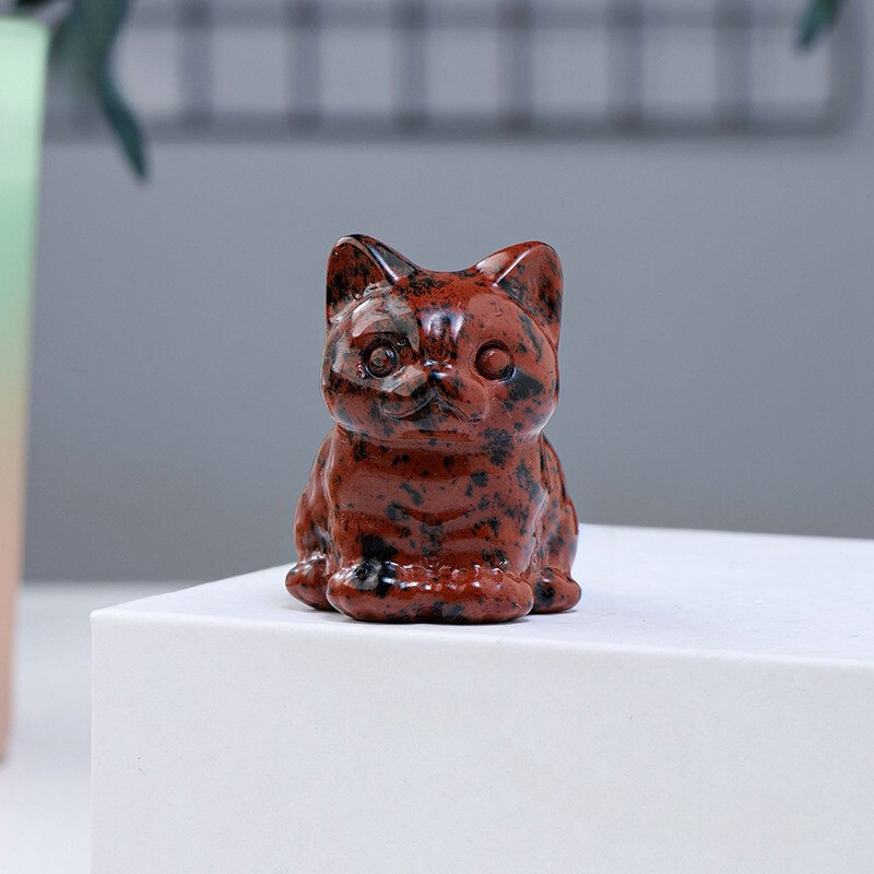 Natural Red Obsidian Quartz Maneki Neko Crystal Carved Lucky Cat Figurine Reiki