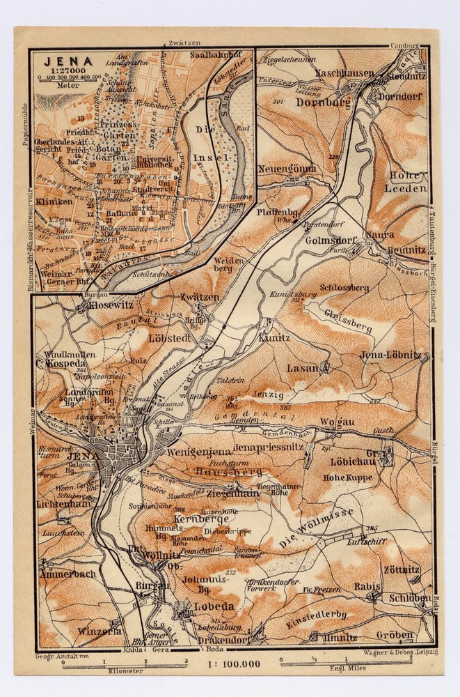 1910 Original Antique Map Of Jena City Vicinity / Germany
