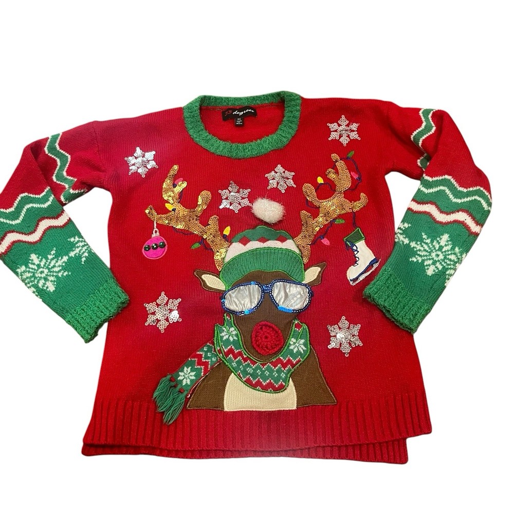 33 Degrees Women’s XS Red Green Festive Ugly Sweater Christmas Reindeer Antlers