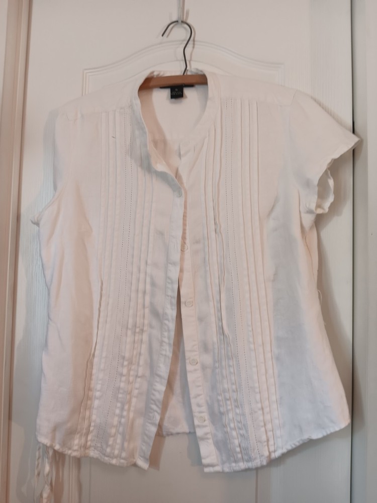 Style & Co Women's Short Sleeve  Button Down, Tie Belt, White, Size L