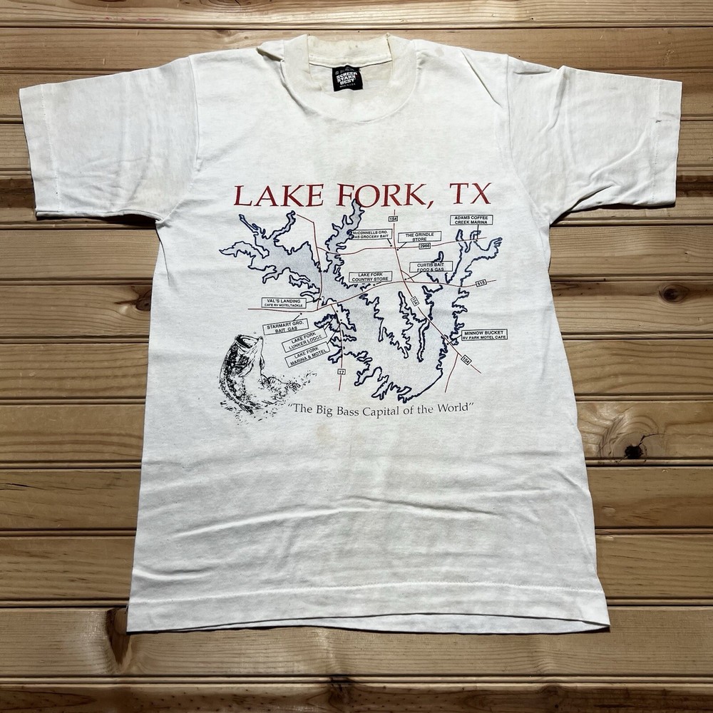 Vintage 80s 90s Bass Fishing Capital Lake Fork Texas Map Shirt Size Small