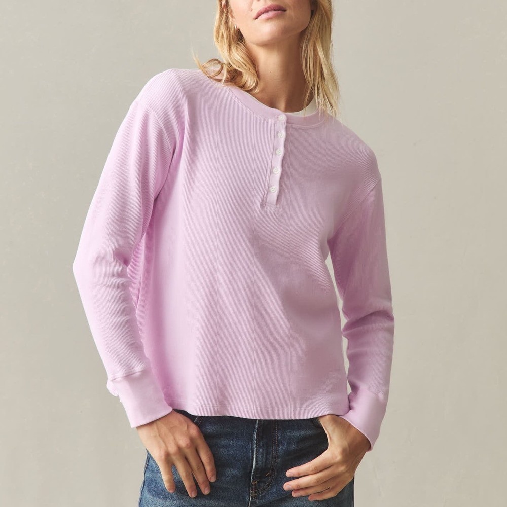 American Giant Thermal T-Shirt Womens XL Pink Cotton Stretch Waffle Henley Neck