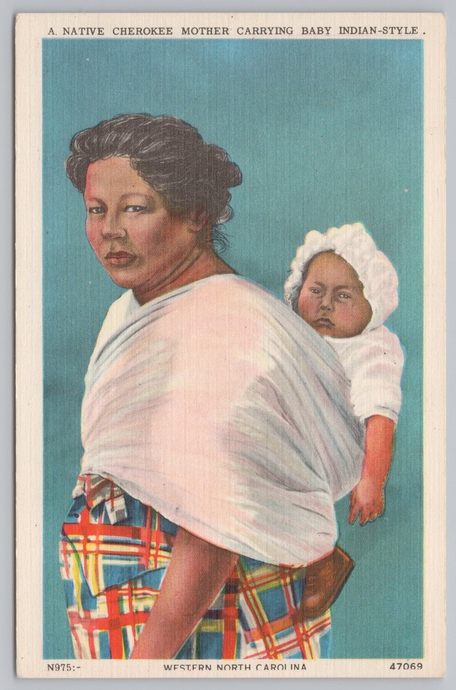 Linen~Native Cherokee Mother Carrying Baby Indian Style~Vintage Postcard