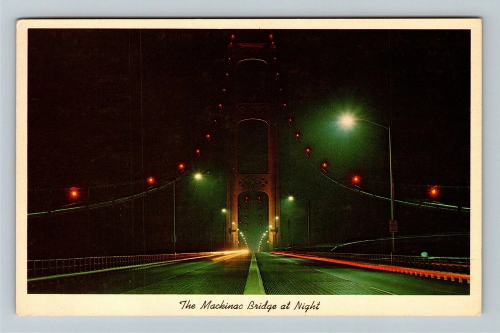 Mackinac MI-Michigan, Mackinac Bridge At Night, Bright Lights, Vintage Postcard