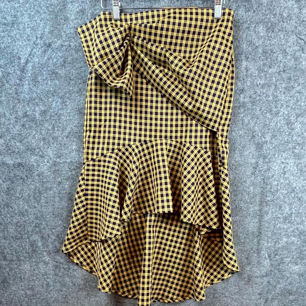 Jane Choi Womens 27 Yellow Navy Plaid High-Low Ruffle Skirt Preppy Academia Style