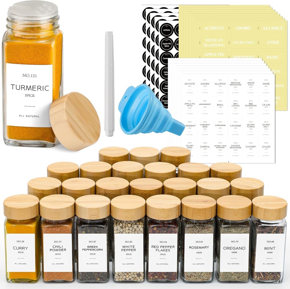 24-Piece Glass Spice Jars with Bamboo Lids - 4 oz Clear Storage Containers
