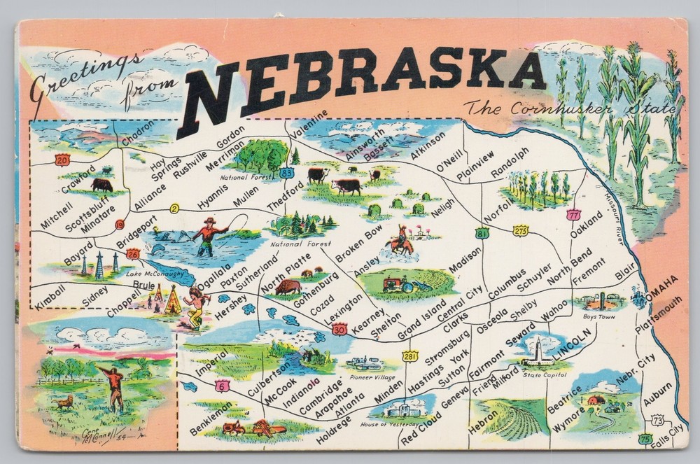 State View~Nebraska State Map Greetings~Cornhusker~PM 1959~Vintage Postcard