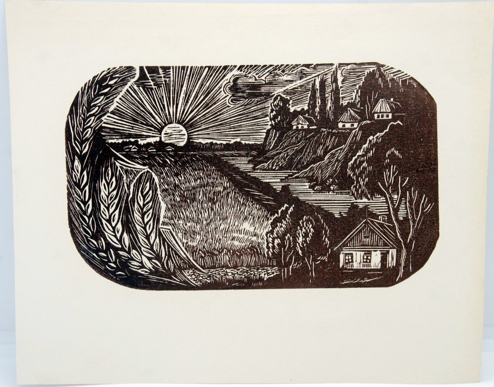 Linocut Engraving Print by Ukrainian Soviet Artist fifties