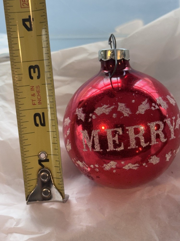 Vintage Shiny Brite Stenciled Merry Christmas Mercury Glass Ornament Red
