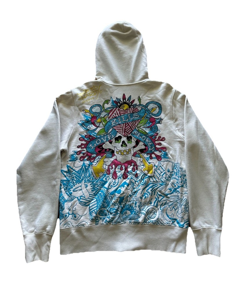 VTG Y2K Ed Hardy AOP Hoodie Womens Sz Small Cream Geisha Rhinestones Zip Up Rare