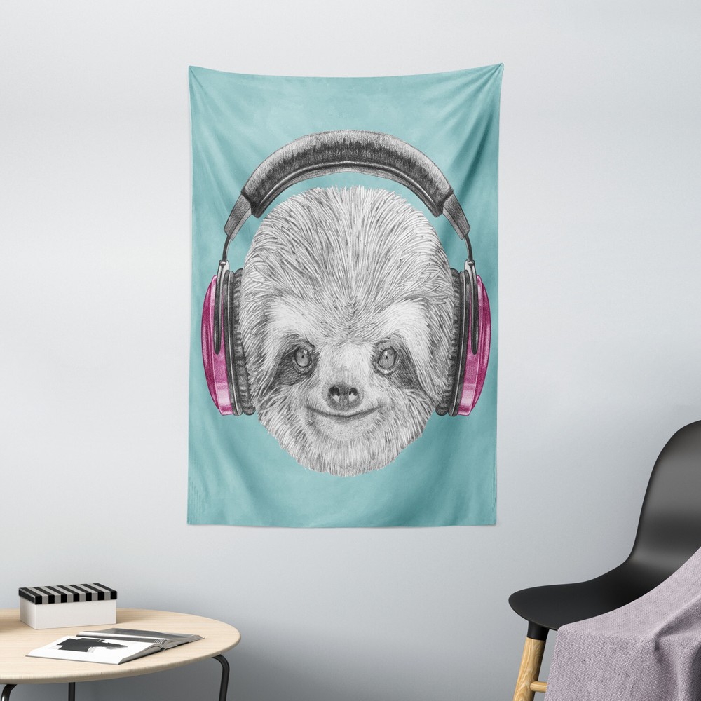 Sloth Tapestry DJ Sloth Headphones Print Wall Hanging Decor
