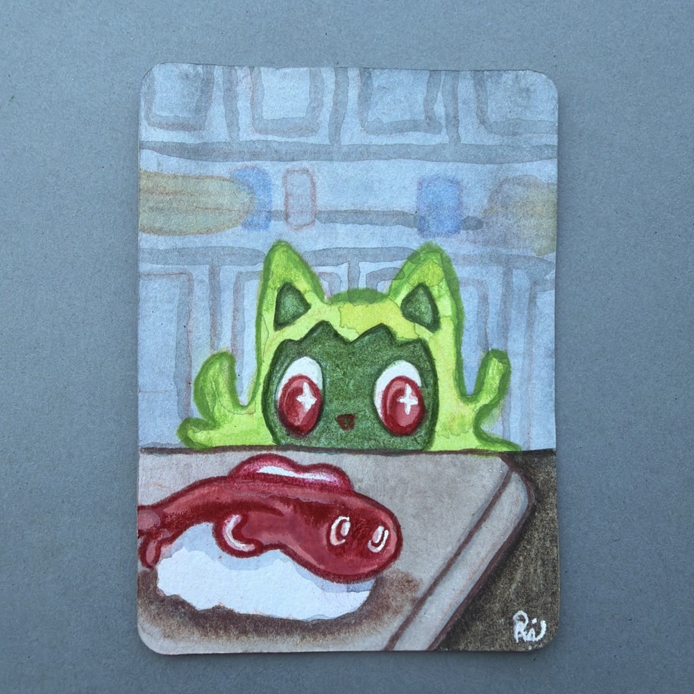 ACEO Art trading card original, “Sushi Time” 2.5in x 3.5in, Pokemon